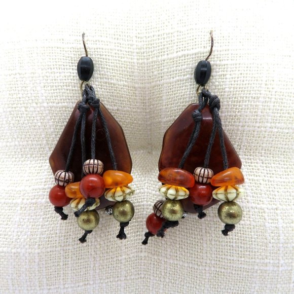 Vintage Artisan Handcrafted Pierced Earrings 2" Dangle Brown White Orange Beads - Picture 2 of 10